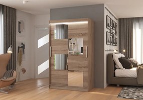 Dulap cu usi glisante si oglinda + iluminare LED, Lugano 120 + LED, 120 cmx200 cmx58 cm, ADRK Furniture (Culoare: Sonoma)