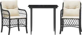 vidaXL Set bistro cu perne, 3 piese, negru, poliratan