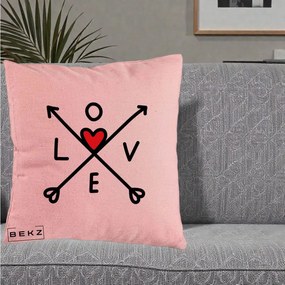 Perna Decorativa Love cu Sageti Incrucisate si Inima Rosie, 40x40 cm, Roz, Husa Detasabila, Perna Inclusa, BEKZ®