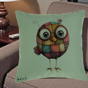 Perna Decorativa Pasare Patchwork Roz cu Floare, 40x40 cm, Verde, Husa Detasabila, Perna Inclusa, BEKZ®