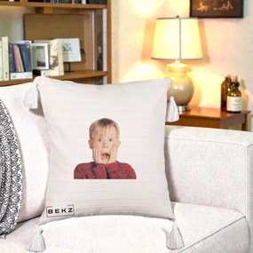 Perna Decorativa Kevin Singur Acasa, 40x40 cm, Bej cu Franjuri, Husa Detasabila, Perna Inclusa, BEKZ®