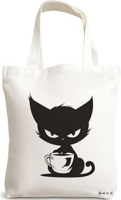 Sacosa de Panza pentru Cumparaturi, Geanta Tote, model Caffeine Cat 26 38 x 34.5 cm, Alba, BEKZ®