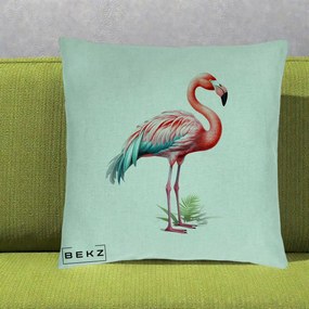 Perna Decorativa Flamingo Roz cu Pene Teal, 40x40 cm, Verde Menta, Husa Detasabila, Perna Inclusa, BEKZ®