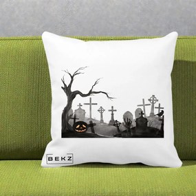 Perna Decorativa Halloween Cimitir Acuarela cu Dovleac, 40x40 cm, Alba Mata, Husa Detasabila, Perna Inclusa, BEKZ®