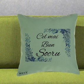 Cadou pentru Socru - Perna Personalizata Cel mai Bun Socru cu Flori Albastre Acuarela, 40x40 cm, Verde, Husa Detasabila, Perna Inclusa, BEKZ®