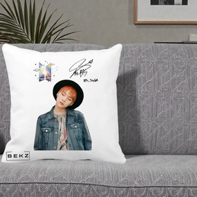 Perna Personalizata K-pop BTS Suga par Portocaliu Palarie Autograf, 40x40 cm, Alba Mata, Husa Detasabila, Perna Inclusa, BEKZ®