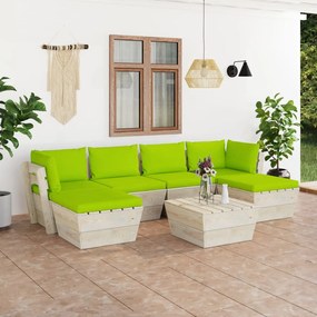 Set mobilier gradina din paleti cu perne, 7 piese, lemn molid verde aprins, 2x colt + 2x mijloc + masa + 2x suport pentru picioare, 1