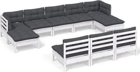vidaXL Set mobilier de grădină cu perne, 10 piese, alb, lemn de pin