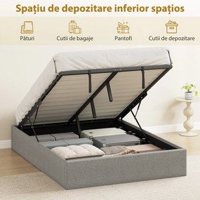 HOMCOM Cadru Pat Matrimonial 140x190 cm, Pat cu Spațiu de Depozitare, Pistoane cu Gaz, Lamele din Lemn, Fără Saltea, Silențios, Ușor de Montat, Înălțime 28 cm, Gri | Aosom Romania