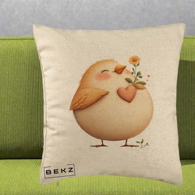 Perna Decorativa Pui cu Inima si Floarea-Soarelui, 40x40 cm, Bej, Husa Detasabila, Perna Inclusa, BEKZ®
