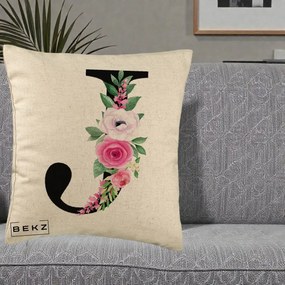 Cadou Personalizat - Perna Personalizata Monograma Florala Litera J, 40x40 cm, Bej, Husa Detasabila, Perna Inclusa, BEKZ®