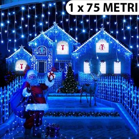 Instalație de Crăciun, franjuri cu flash, cu led tip țurțuri, fir gros, exterior, albastru, 75 metri