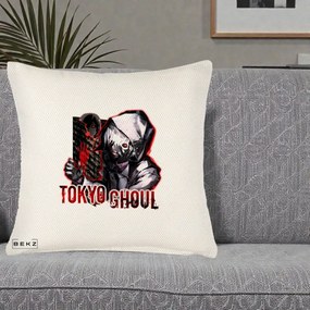 Perna Personalizata Tokyo Ghoul Ken Kaneki Anime, 40x40 cm, Crem Reliefat, Husa Detasabila, Perna Inclusa, BEKZ®