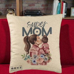 Cadou pentru Mama - Perna Personalizata Super Mom Mama cu Bebelusul, 40x40 cm, Bej, Husa Detasabila, Perna Inclusa, BEKZ®