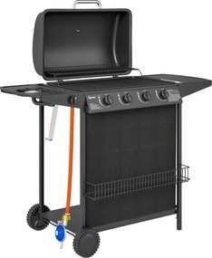 Outsunny Grătar pe Gaz cu Capac, Termometru, Măsuță Laterală și Tavă pentru Colectarea Grăsimii, 121x54x97 cm, Negru | Aosom Romania