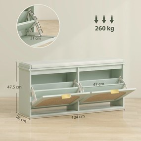 HOMCOM Bancă pentru încălțăminte, banc de depozitare, șezut căptușit, sertare rabatabile, ușă din ratan, 104 x 26 x 47,5 cm, verde | Aosom Romania