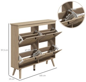 HOMCOM Pantofar 4 clapete 20 perechi raft reglabil stil boem picioare lemn masiv 105 x 24 x 97,5 cm natural | Aosom Romania