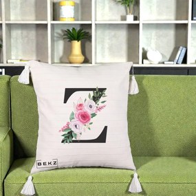 Cadou Personalizat - Perna Personalizata Monograma Florala Litera Z cu Buchet, 40x40 cm, Bej cu Franjuri, Husa Detasabila, Perna Inclusa, BEKZ®