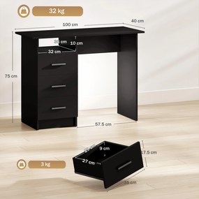 HOMCOM Birou Modern din Lemn cu 3 Sertare și Raft Deschis, 100x40x75 cm, Negru și Maro | Aosom Romania