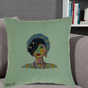 Perna Decorativa Portret Femeie Etnic Colorat, 40x40 cm, Verde, Husa Detasabila, Perna Inclusa, BEKZ®