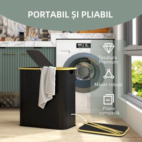 HOMCOM Coș pentru Rufe de 80L cu 2 Secțiuni și Capac din Material Textil și Bambus, 54x34x58,5 cm, Negru | Aosom Romania