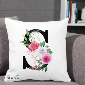 Cadou Personalizat - Perna Personalizata Monograma Florala Litera S, 40x40 cm, Alba Mata, Husa Detasabila, Perna Inclusa, BEKZ®