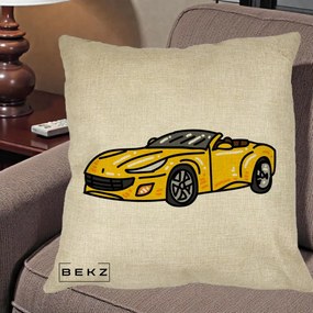 Perna Personalizata Masina Cabriolet Galbena Grafic, 40x40 cm, Crem, Husa Detasabila, Perna Inclusa, BEKZ®