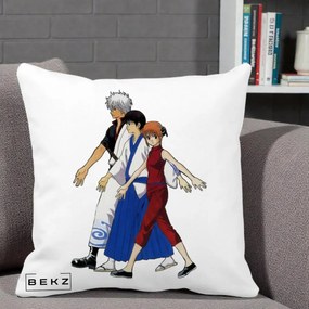 Perna Personalizata Gintama Trio Gintoki Shinpachi Kagura, 40x40 cm, Alba Mata, Husa Detasabila, Perna Inclusa, BEKZ®