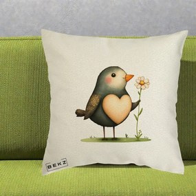 Perna Decorativa Pasare cu Inima si Margareta, 40x40 cm, Ecru, Husa Detasabila, Perna Inclusa, BEKZ®
