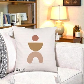 Perna Decorativa Geometric Boho Disc si Arc, 40x40 cm, Bej cu Franjuri, Husa Detasabila, Perna Inclusa, BEKZ®