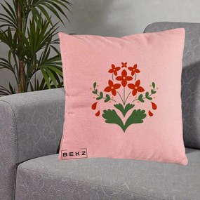 Perna Decorativa Buchet Floral Folk Rosu-Verde, 40x40 cm, Roz, Husa Detasabila, Perna Inclusa, BEKZ®