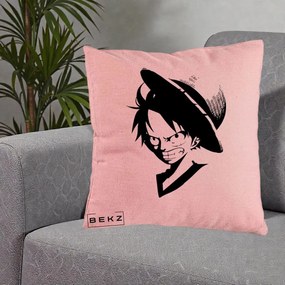 Perna Personalizata One Piece Luffy Silueta Alb-Negru, 40x40 cm, Roz, Husa Detasabila, Perna Inclusa, BEKZ®