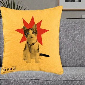 Perna Decorativa Pisica Star Pop Art, 40x40 cm, Galben, Husa Detasabila, Perna Inclusa, BEKZ®