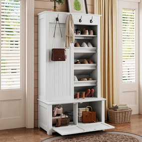 Dulap de hol cu uși glisante și compartiment pentru pantofi integrat, sistem de depozitare multifuncțional cu cârlige, 100x50x180 cm, Alb