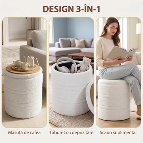 HOMCOM Taburet Rotund Tip Pouf cu Spațiu de Depozitare 33L din Sherpa cu Capac, Capacitate 120kg, Living, Hol, Alb | Aosom Romania