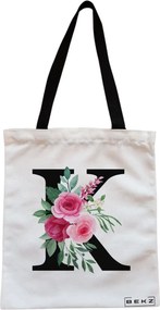 Sacosa de Panza pentru Cumparaturi, Geanta Tote, Cu litera K si Trandafiri, Cu fermoar, 38x34.5 cm, Alba, BEKZ®