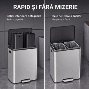 HOMCOM Coș de bucătărie 2 x 30 L, cu pedală, din oțel inoxidabil, găleți detașabile și capac soft-close, argintiu | Aosom Romania