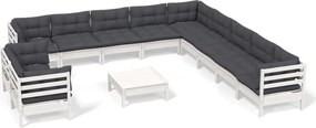 vidaXL Set mobilier grădină cu perne, 12 piese, alb, lemn masiv pin