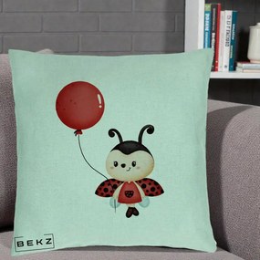 Perna Decorativa Buburuza cu Balon Rosu, 40x40 cm, Verde Menta, Husa Detasabila, Perna Inclusa, BEKZ®