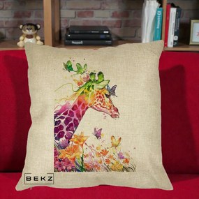 Perna Decorativa Girafa Curcubeu Acuarela, 40x40 cm, Crem, Husa Detasabila, Perna Inclusa, BEKZ®