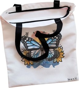 Sacosa de Panza pentru Cumparaturi, Geanta Tote, Blue Butterfly, Cu fermoar, 38x34.5 cm, Alba, BEKZ®