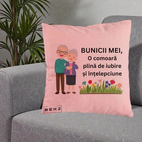 Cadou pentru Bunici - Perna Personalizata Bunicii Mei Comoara Cuplu Senior cu Flori Colorat, 40x40 cm, Roz, Husa Detasabila, Perna Inclusa, BEKZ®