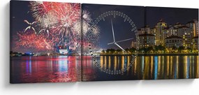 Tablou cu artificii in Singapur (cu ceas) (90x30 cm)
