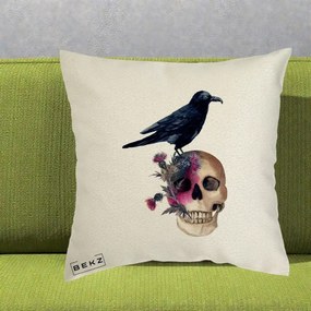 Perna Decorativa Craniu cu Corb si Flori Gothic, 40x40 cm, Ecru, Husa Detasabila, Perna Inclusa, BEKZ®
