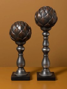 Sfeșnic din rășină cu glob decorativ în formă de anghinare sculptată, auriu-argintiu, finisaj patinat negru, 42,5×13 cm, „Artichoke"