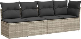 vidaXL Canapea de grădină cu perne, 4 locuri, gri deschis, poliratan