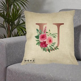 Cadou Personalizat - Perna Personalizata Monograma Rose Gold Litera U, 40x40 cm, Crem, Husa Detasabila, Perna Inclusa, BEKZ®
