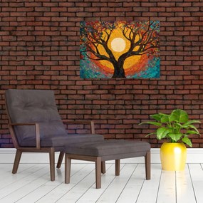 Tablou pe sticlă - Soarele în coroana arborelui vieții (70x50 cm)