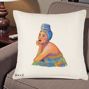 Perna Decorativa Portret Femeie Contemplativa, 40x40 cm, Crem Reliefat, Husa Detasabila, Perna Inclusa, BEKZ®