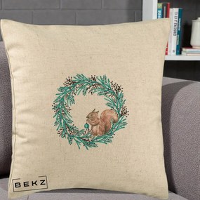 Perna Decorativa Coroana Turcoaz cu Veverita, 40x40 cm, Bej, Husa Detasabila, Perna Inclusa, BEKZ®